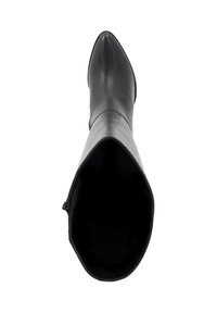 Black leather knee-high boot with pointed toe, smooth texture, zipper detail on the side, and a tall shaft opening.
