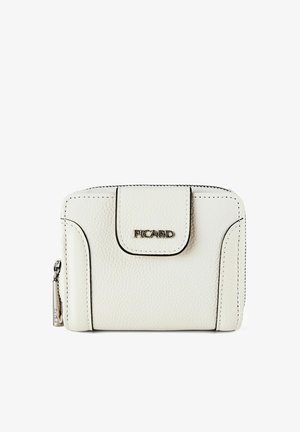 Witte geprofileerde leren portemonnee met een voorvleugel waarop "PICARD" staat, en een zijrits met metalen trekker.