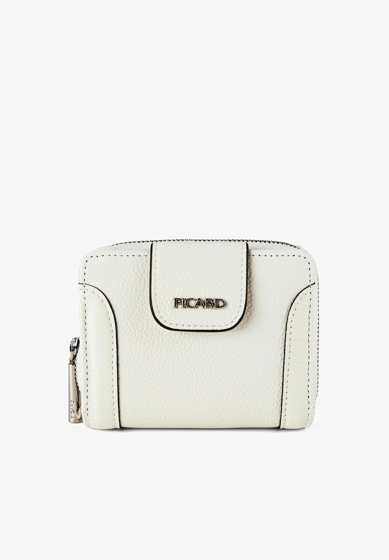 Witte geprofileerde leren portemonnee met een voorvleugel waarop "PICARD" staat, en een zijrits met metalen trekker.