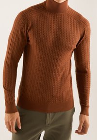 Homme portant un pull à col roulé en maille torsadée marron ajusté et un pantalon vert olive, debout devant un fond uni.