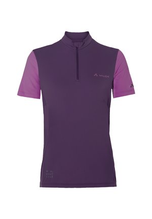 Short-sleeve cycling shirt in dark purple with lighter purple sleeves, half-zip front, and logo detailing, made from recycled material.