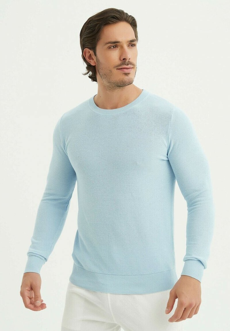 Pull en tricot bleu clair avec un col rond, des manches longues et des poignets et un ourlet côtelés. Texture lisse, design ajusté, minimalisme dans les détails.