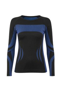 Long-sleeve athletic top, primarily black with blue textured accents and stripes. Features a fitted design for active movement.