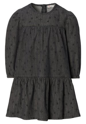 Dunkelgraues Langarm-Kleid für Kleinkinder mit geraffter Taille, elastischen Bündchen und dezenten schwarzen Sternmustern überall.