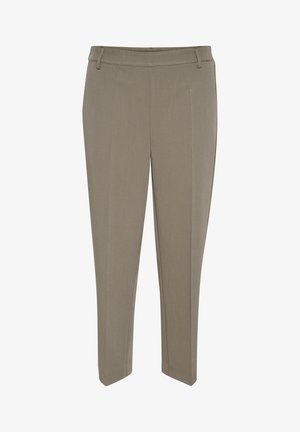 Hlače iz svetlo rjave tkanine imajo ravno krojen dizajn, gladko teksturo in raven pas brez vidnih elementov.