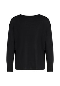 Pull léger noir avec un col rond, des manches longues, des poignets côtelés et une coupe décontractée. Le tissu a une texture douce.