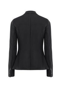 Schwarze maßgeschneiderte Jacke aus strukturiertem Stoff, mit langen Ärmeln, spitzem Revers und Manschetten mit fünf Knöpfen. Die Rückansicht zeigt eine taillierte Silhouette.