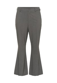 Pantalons évasés gris en tissu texturé, avec une taille mi-haute, deux poches avant et une fermeture éclair avec bouton.
