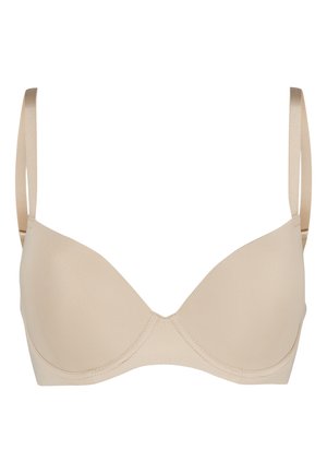 Beige push-up bh met gladde stof, onderliggende beugelsteun, licht gevoerde cups en verstelbare satijnen schouderbanden. Naadloos ontwerp voor een natuurlijke vorm.