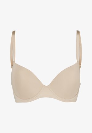 Beige push-up bh met gladde stof, onderliggende beugelsteun, licht gevoerde cups en verstelbare satijnen schouderbanden. Naadloos ontwerp voor een natuurlijke vorm.