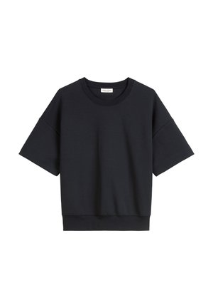 Short-sleeve, dark navy sweatshirt in soft fabric. Features a round neckline and a cropped hem with ribbed cuffs at sleeves and bottom.