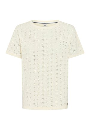 Kort mouws crème katoenen shirt met geperforeerd bloemenpatroon en ronde hals, merk Brax label zichtbaar aan de binnenkant van de kraag.