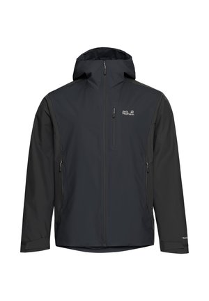 Giacca con cappuccio nera e grigio scuro con zip frontale, tasche sul petto e ai lati con zip, e logo Jack Wolfskin sul petto.