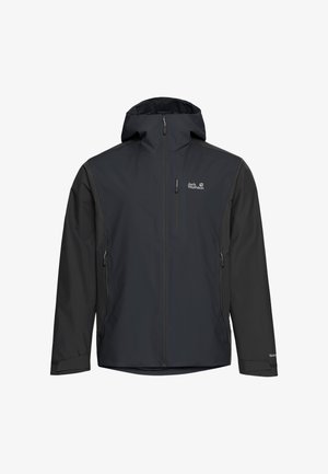 Giacca con cappuccio nera e grigio scuro con zip frontale, tasche sul petto e ai lati con zip, e logo Jack Wolfskin sul petto.