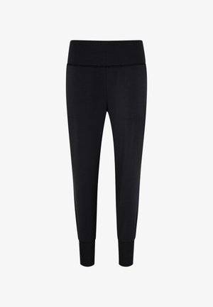 Pantalones de chándal negros con una cinturilla elástica y puños acanalados, que cuentan con dos bolsillos laterales y una textura suave.