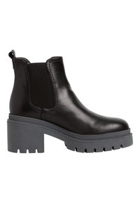 Czarne skórzane botki za kostkę z masywną szaro-skalną podeszwą, elastycznym bocznym panelem, uchwytem i słupkowym obcasem, widok od zewnętrznej strony.