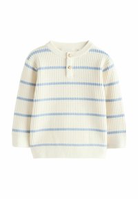 Maglione crema lavorato a maglia con righe orizzontali blu, collo rotondo e patta con due bottoni simili a perle. Tessuto strutturato.