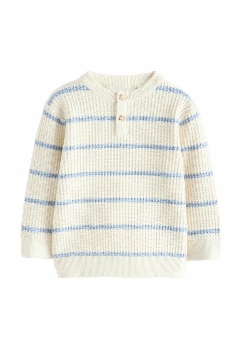 Maglione crema lavorato a maglia con righe orizzontali blu, collo rotondo e patta con due bottoni simili a perle. Tessuto strutturato.