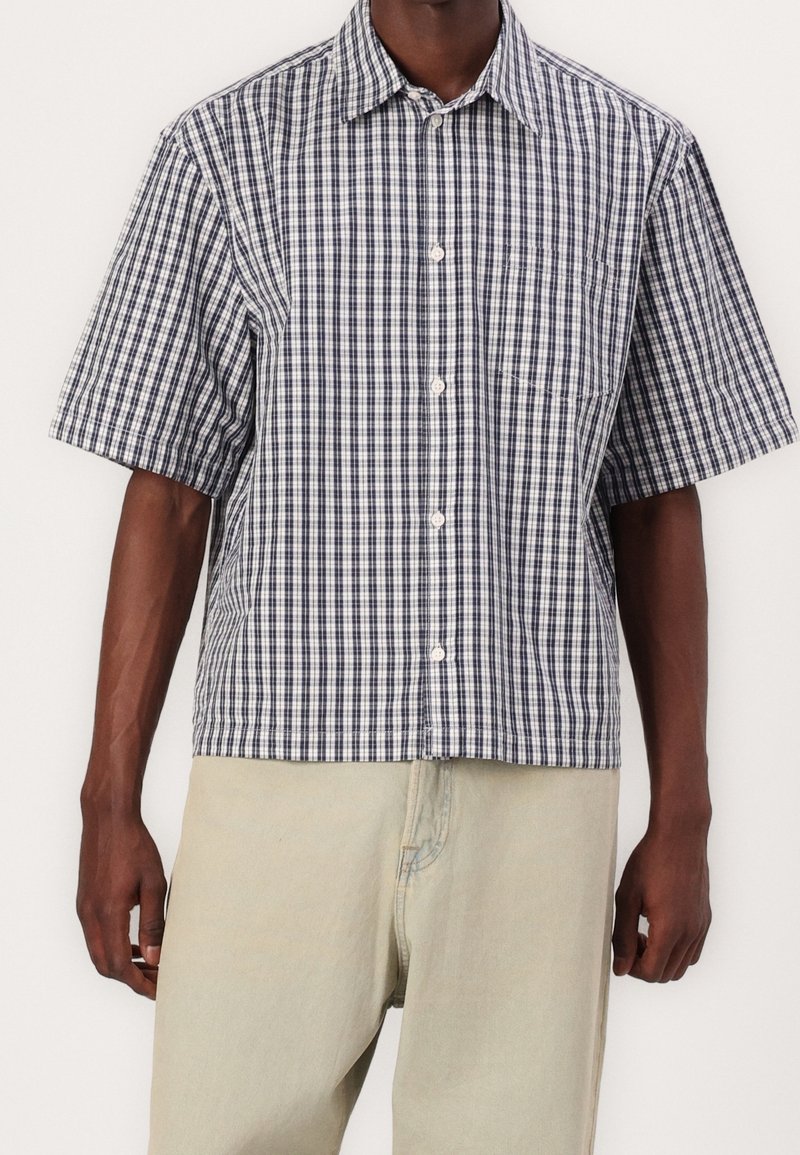 Homme portant une chemise à manches courtes boutonnée avec un motif à carreaux bleu et blanc et un pantalon beige clair, montré du cou jusqu'à mi-cuisse.