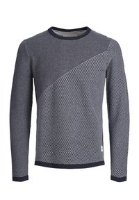 Pull à manches longues rayé bleu marine et blanc avec un motif diagonal, col rond, poignets et ourlet côtelés. Tissu texturé de poids moyen.