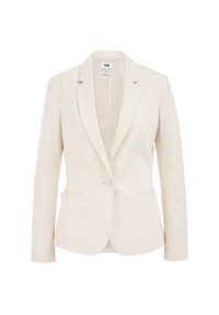 Beżowa marynarka o dopasowanym kroju z pojedynczym zapięciem na guzik, klapami, dwoma przednimi kieszeniami i długimi rękawami. Gładki, lekki materiał.