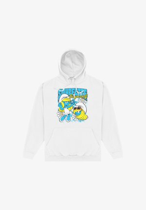 Biała bluza z kapturem z grafiką Smerfetki przedstawiającą dwie postacie Smerfetki oraz tekst „Bądź sobą” w niebieskim i żółtym kolorze.