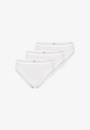 Tre paia di slip in cotone bianco con una texture morbida, cintura elastica e un marchio discreto all'interno di ogni paio.