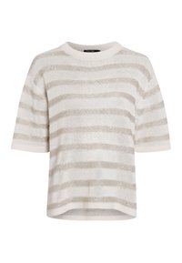 Kurzeiliges cremefarbenes Strickoberteil mit metallischen silbernen Streifen, runder Ausschnitt und strukturiertem Strickmuster. Verfügt über eine lockere Passform und Saumlinie.