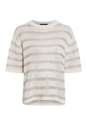 Kurzeiliges cremefarbenes Strickoberteil mit metallischen silbernen Streifen, runder Ausschnitt und strukturiertem Strickmuster. Verfügt über eine lockere Passform und Saumlinie.
