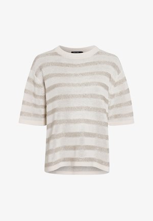 Kurzeiliges cremefarbenes Strickoberteil mit metallischen silbernen Streifen, runder Ausschnitt und strukturiertem Strickmuster. Verfügt über eine lockere Passform und Saumlinie.