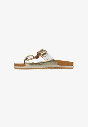 Goldfarbene metallische Slide-Sandalen mit zwei verstellbaren Schnallen, Korkfußbett, strukturierten Sohlen und einer glatten Oberfläche. Leicht und mit lässigem Design.