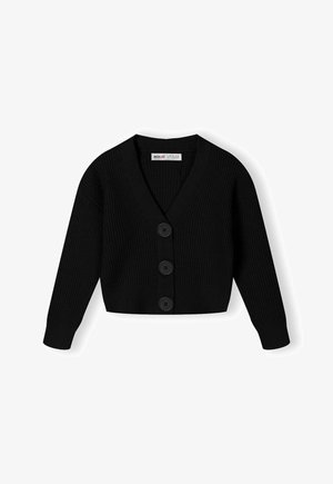 Černý pletený cardigan s výstřihem do V, dlouhými rukávy a třemi velkými černými knoflíky vpředu. Obsahuje žebrovanou strukturu a zkrácený střih.