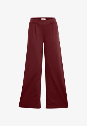 Bordeaux wijde benen broek met een gladde textuur, voorzien van een hoge tailleband en voorplooien. Ontworpen voor comfort en een relaxte pasvorm.
