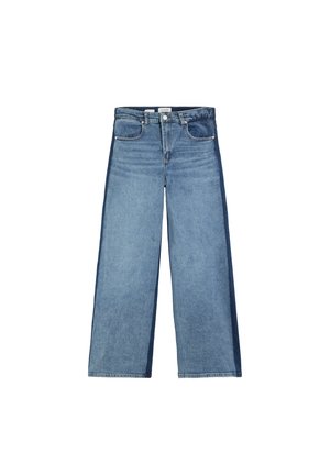 Vaqueros de denim azul de pierna ancha con paneles frontales más claros y franjas laterales de un azul más oscuro, con bolsillos delanteros y cierre de botones.