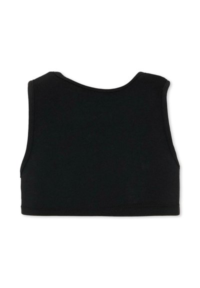 Haut court noir sans manches avec encolure arrondie et couture nette, présenté à plat sur un fond blanc.