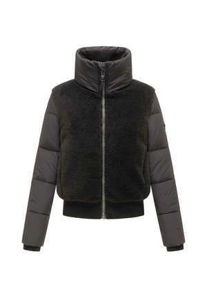 Veste noire avec devant texturé en peluche, manches rembourrées, col montant et fermeture éclair frontale.