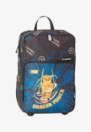 Sac à dos LEGO Ninjago noir avec un graphisme bleu représentant un personnage Ninjago, des épées et le texte "Dragon Power" sur la poche avant.