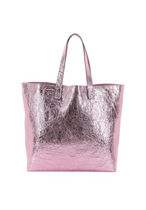 Metallic pink tote bag with a crinkled texture, flat base, and two shoulder handles; features a gold brand logo on the front.