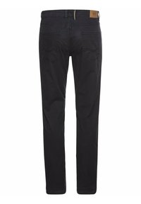 Black denim jeans featuring a straight fit, five pockets, a leather label on the waistband, and subtle stitching details on the back pockets.
