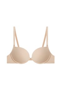 Light beige bra with smooth, slightly padded cups, narrow straps, and a hook closure at the back. Simple design, no patterns or embellishments.