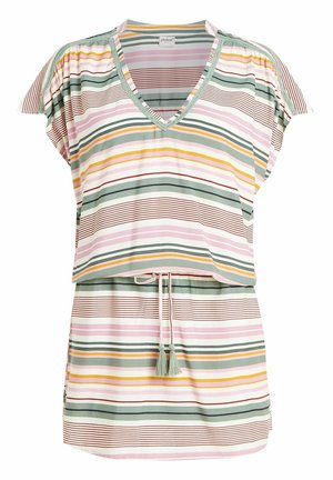 Gestreifte Bluse mit V-Ausschnitt, kurzen Ärmeln und verstellbarem Bund. Die Farben umfassen Pink, Grün, Gelb und Braun. Sie hat Fransen-Details.