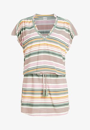 Gestreifte Bluse mit V-Ausschnitt, kurzen Ärmeln und verstellbarem Bund. Die Farben umfassen Pink, Grün, Gelb und Braun. Sie hat Fransen-Details.