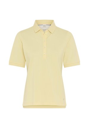Light yellow short-sleeve polo shirt with a collar and five-button placket, made from smooth fabric and a slightly curved hem.