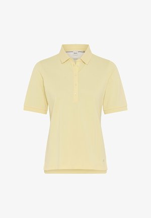Light yellow short-sleeve polo shirt with a collar and five-button placket, made from smooth fabric and a slightly curved hem.