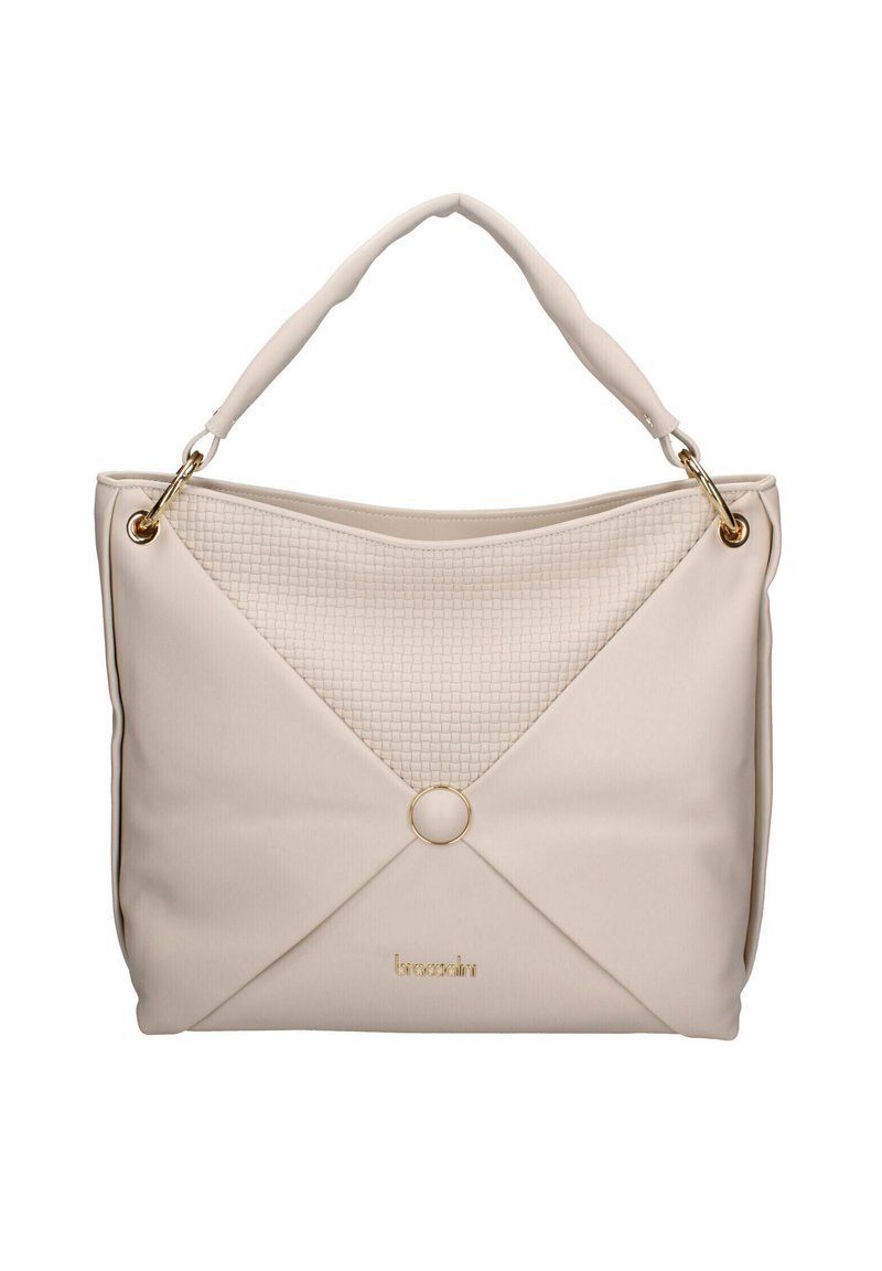 Borsa a mano sintetica beige con un design triangolare testurizzato, hardware dorato e un accento circolare. Manici morbidi e un interno spazioso.