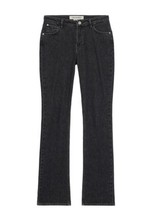 Schwarze ausgestellte Jeans aus Denim, ausgestattet mit fünf Taschen, einem Knopfverschluss und Kontrastnähten entlang der Nähte für zusätzlichen Detail.