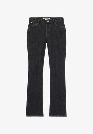 Černé široké džínsy vyrobené z denimu, s pěti kapsami, zapínáním na knoflík a kontrastním šitím podél švů pro zvýraznění detailů.