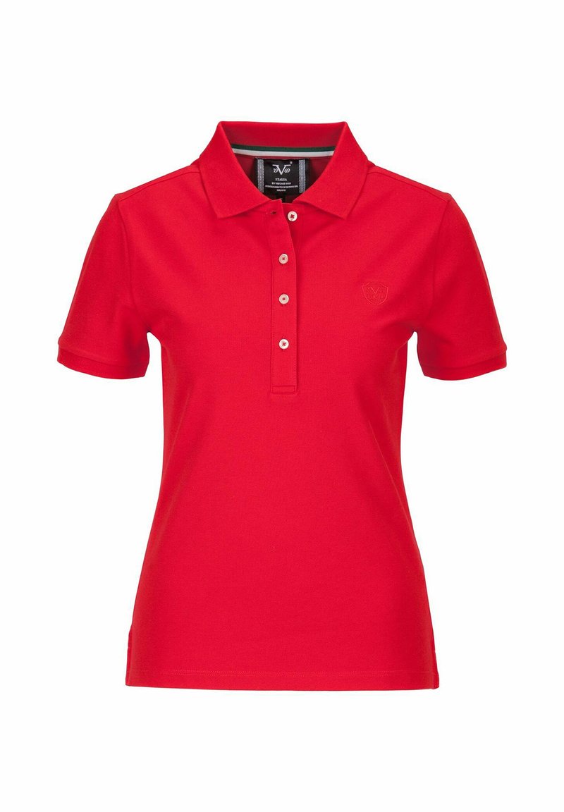 Rode poloshirt met korte mouwen, knopenlijst en geborduurd logo. Gemaakt van zachte, ademende stof met een klassiek kraagontwerp.