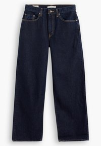 Jeans de mezclilla azul oscuro con un diseño de pierna recta, estilo de cinco bolsillos y costuras en amarillo contrastante. Sin desgaste visible ni adornos.