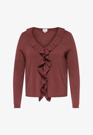 Langærmige cardigan in rozenbruin met V-hals en ruches langs de halslijn en de voorzijde.